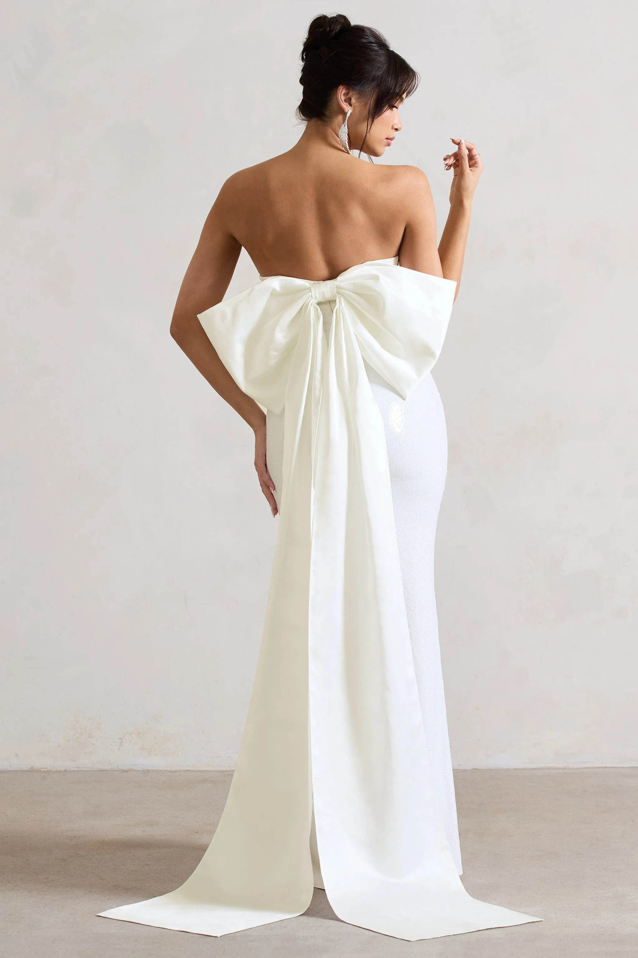 To You | White Sequin Bandeau Split Maxi Dress With Oversized Bow sold by Club L London
