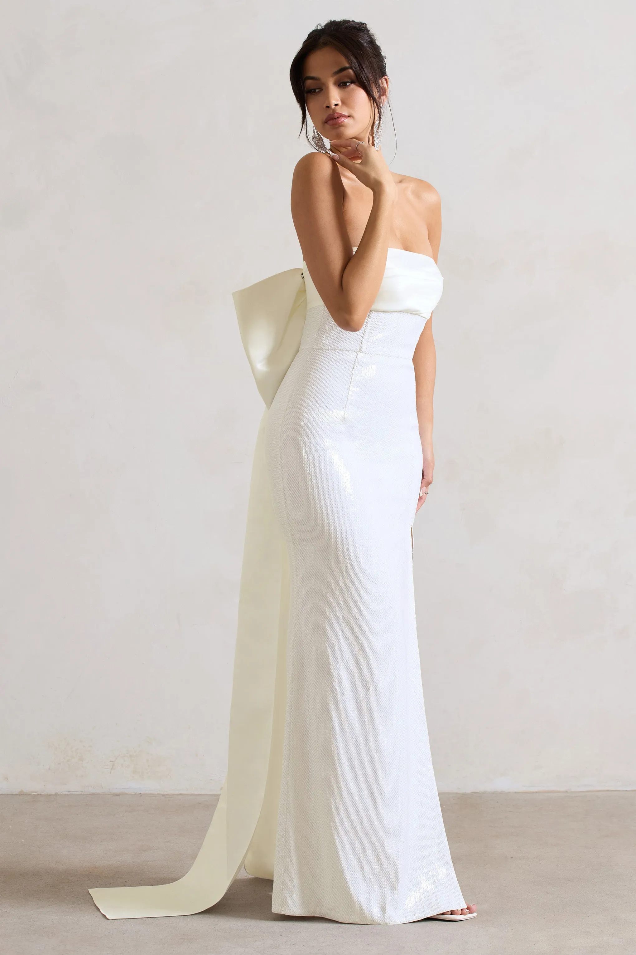 To You | White Sequin Bandeau Split Maxi Dress With Oversized Bow sold by Club L London product image thumbnail 5