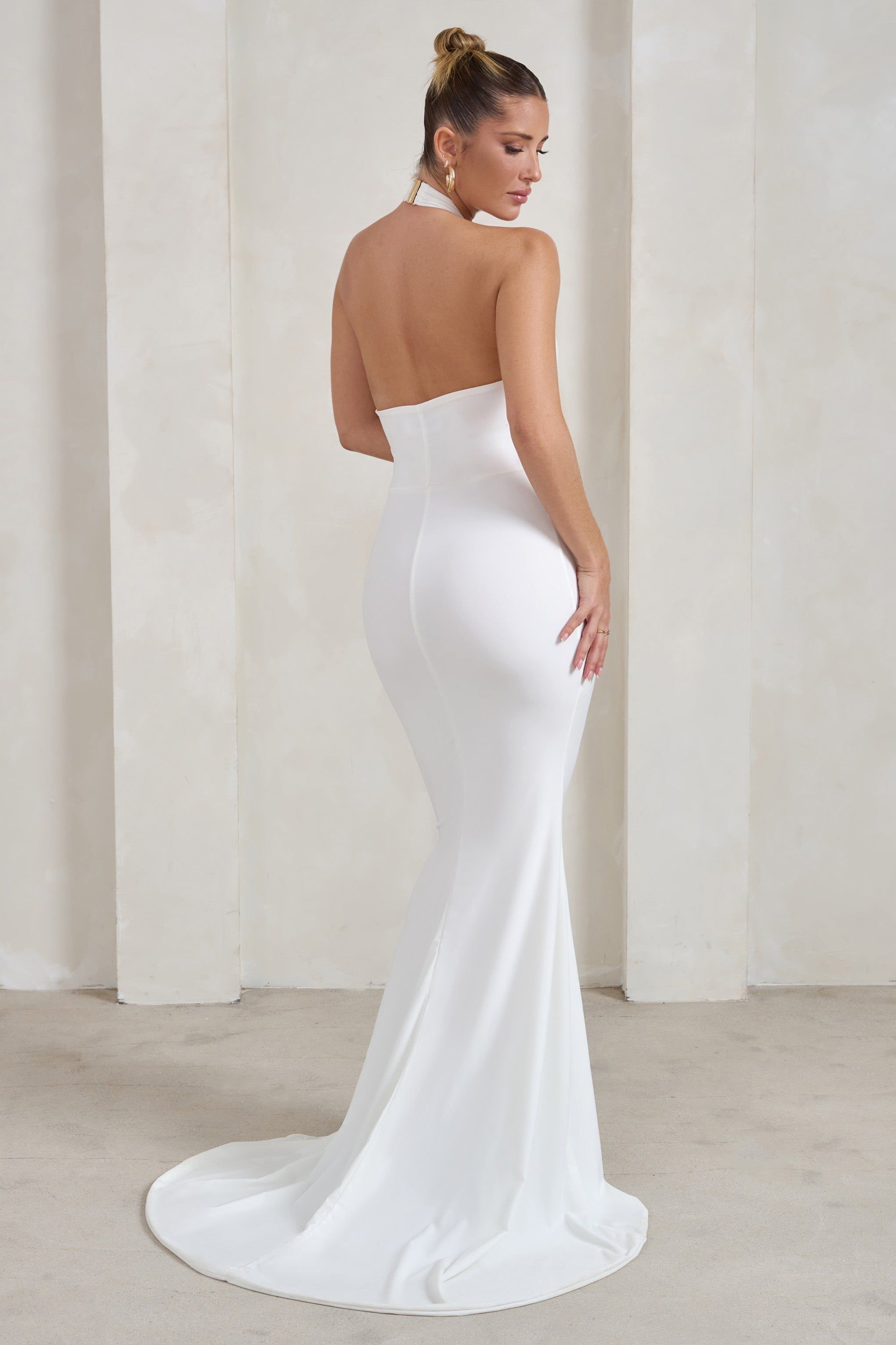 Jodie | White Halterneck Fishtail Maxi Dress With Split sold by Club L London product image thumbnail 2