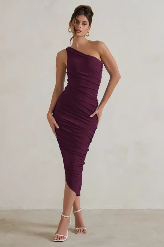 Dorit | Plum One Shoulder Asymmetric Ruched Midi Dress sold by Club L London