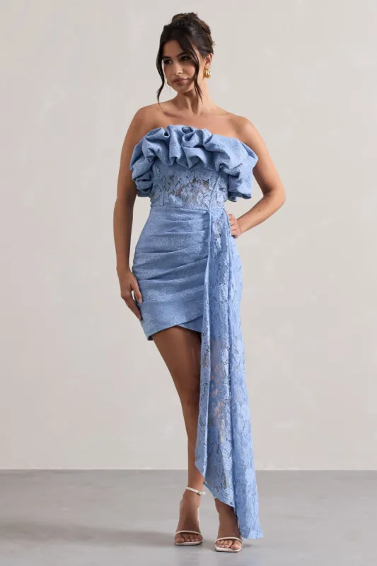 Neptune | Blue Lace Strapless Ruffled Mini Dress With Drape sold by Club L London