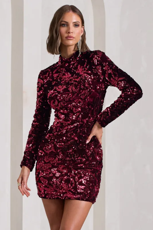 My Light | Berry Sequin High-Neck Long-Sleeve Bodycon Mini Dress sold by Club L London