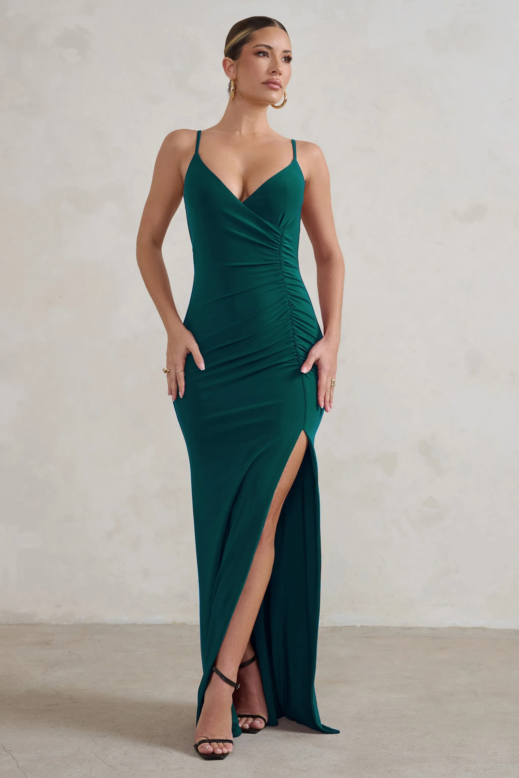 Jeanne | Bottle Green Plunge Ruched Cami Maxi Dress With Split sold by Club L London product image thumbnail 4