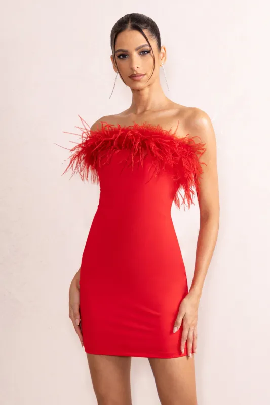 Stop The Show | Red Feather Trim Strapless Bodycon Mini Dress sold by Club L London
