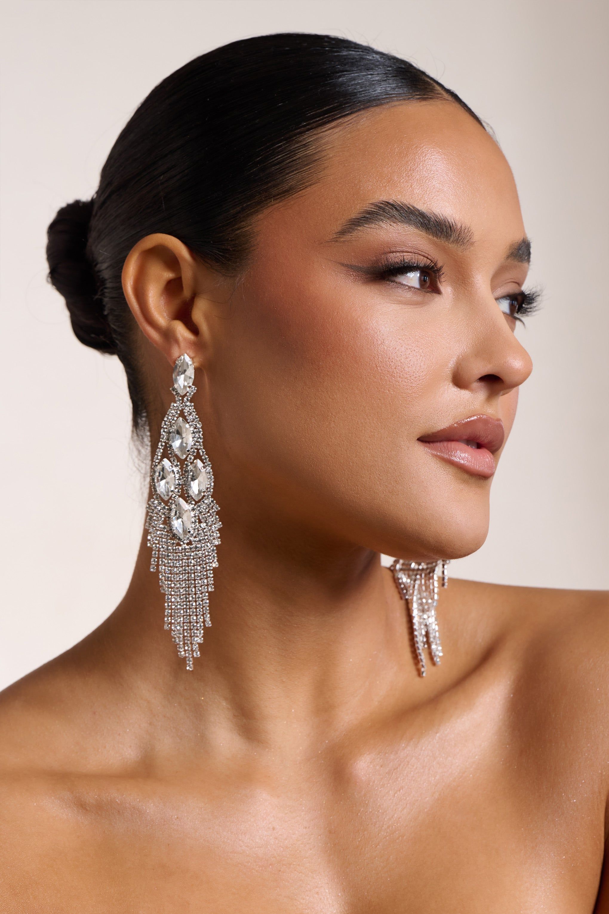 Peony | Silver Diamante Chandelier Drop Earrings sold by Club L London product image thumbnail 3