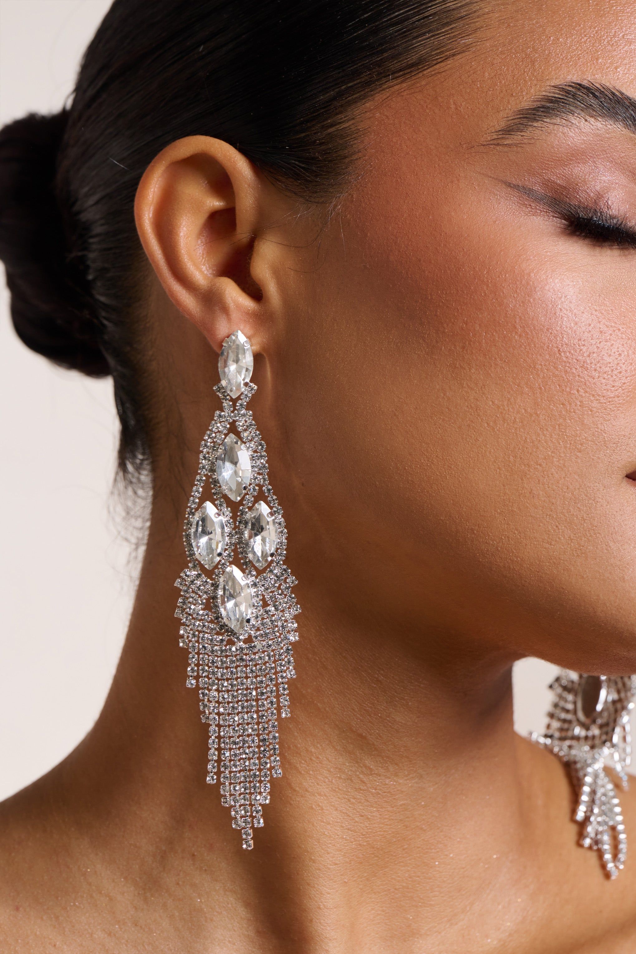 Peony | Silver Diamante Chandelier Drop Earrings sold by Club L London product image thumbnail 2