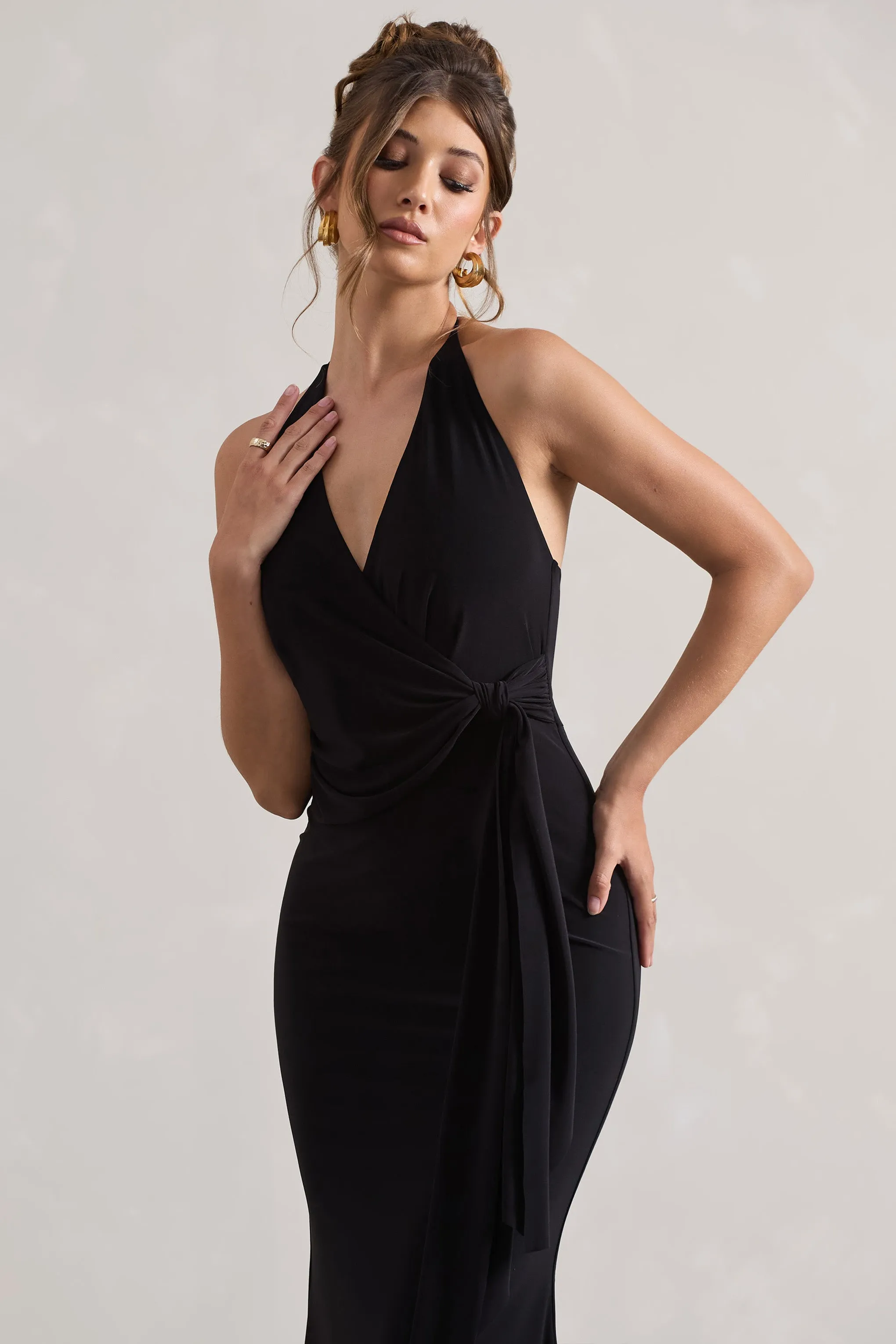Janelle | Black Halter-Neck Gathered Drape Maxi Dress sold by Club L London product image thumbnail 3