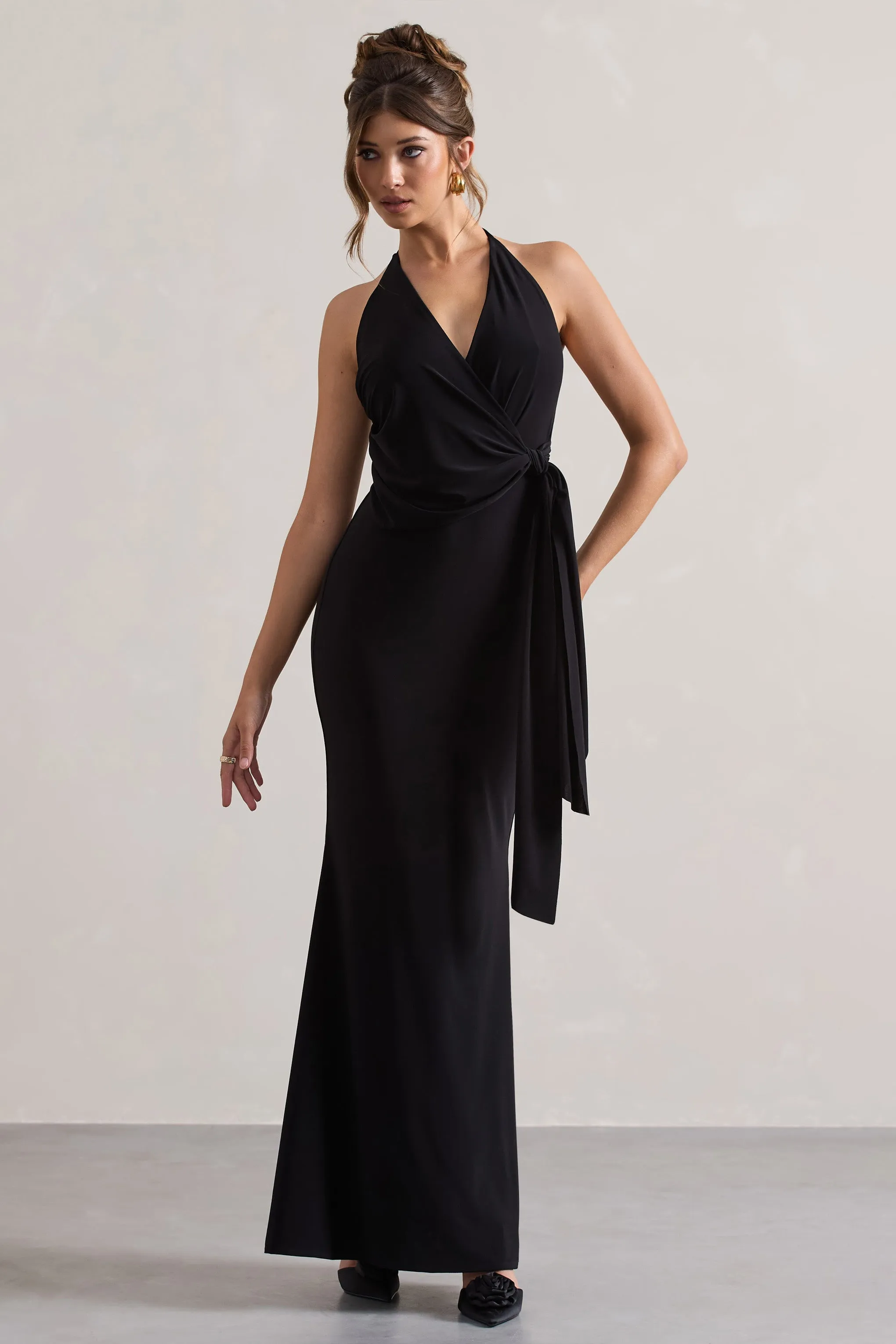 Janelle | Black Halter-Neck Gathered Drape Maxi Dress sold by Club L London
