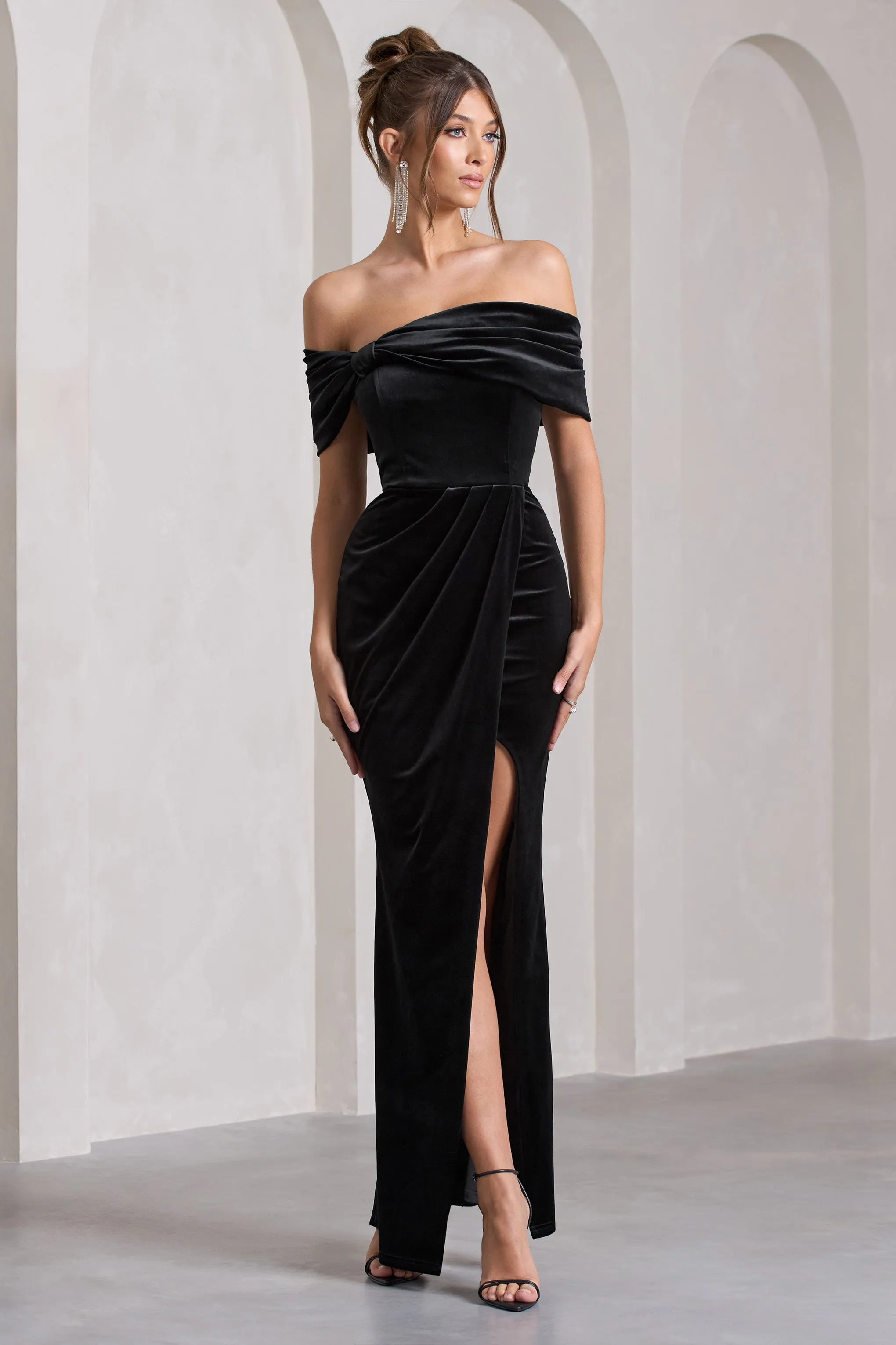 Blessing | Black Velvet Bardot Wrap Maxi Dress sold by Club L London product image thumbnail 3