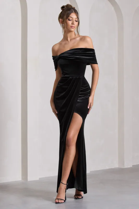 Blessing | Black Velvet Bardot Wrap Maxi Dress sold by Club L London