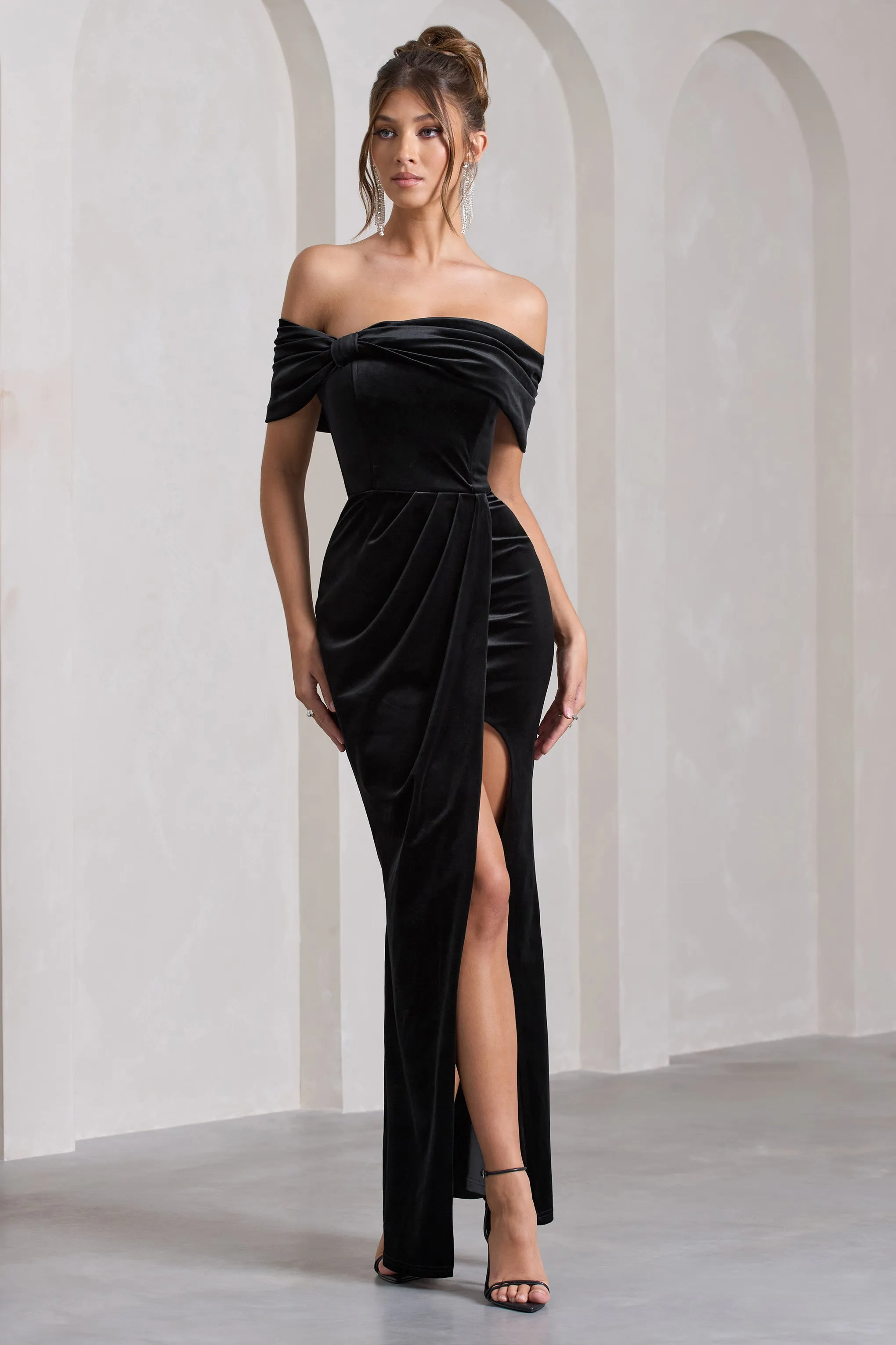 Blessing | Black Velvet Bardot Wrap Maxi Dress sold by Club L London product image thumbnail 4