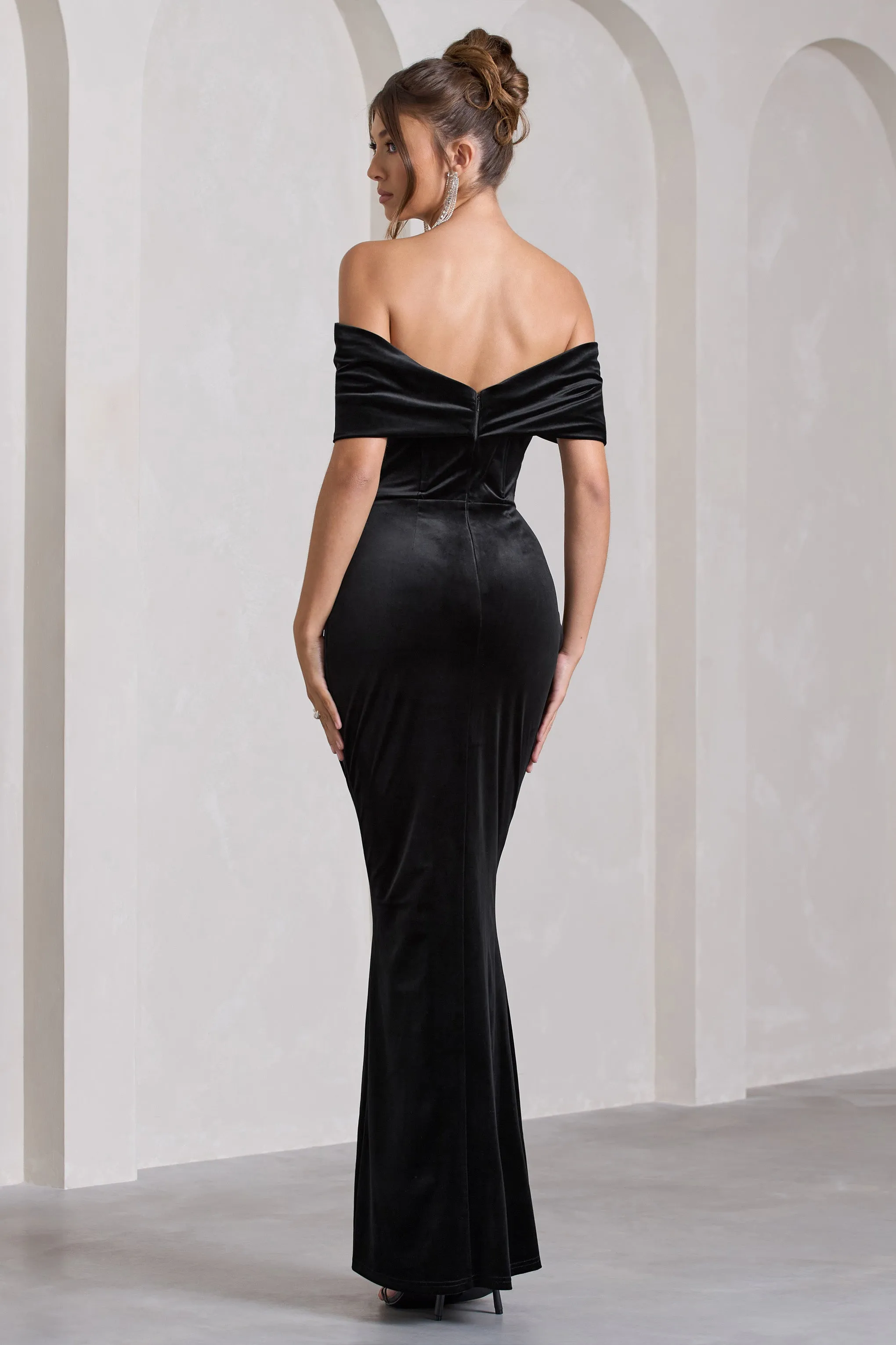 Blessing | Black Velvet Bardot Wrap Maxi Dress sold by Club L London product image thumbnail 2