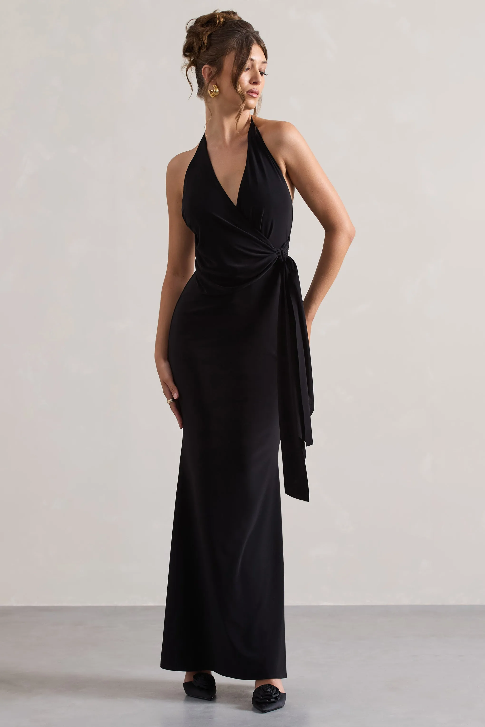 Janelle | Black Halter-Neck Gathered Drape Maxi Dress sold by Club L London product image thumbnail 4