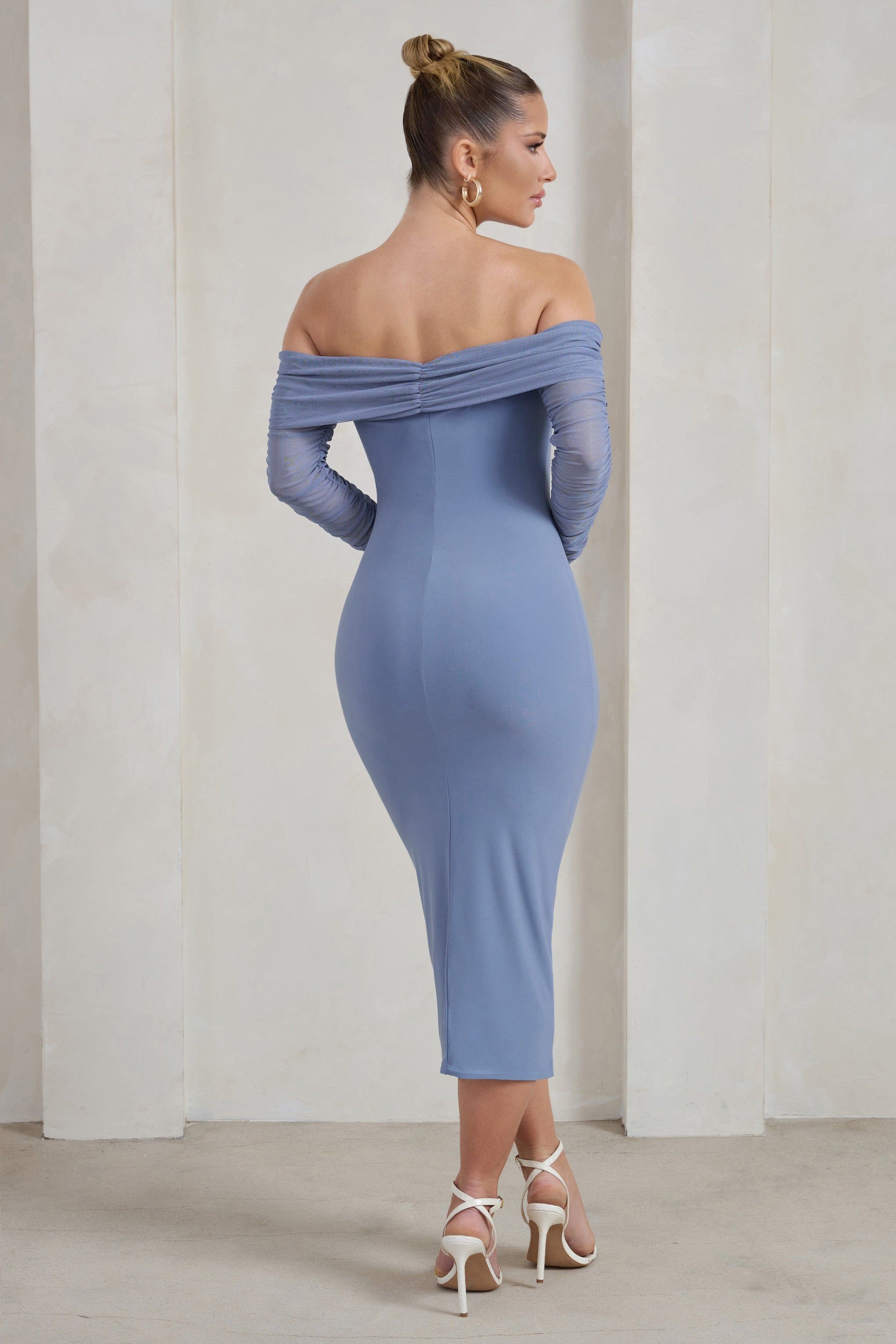 Only You | Ice Blue Ruched Mesh Bardot Midi Dress sold by Club L London product image thumbnail 2