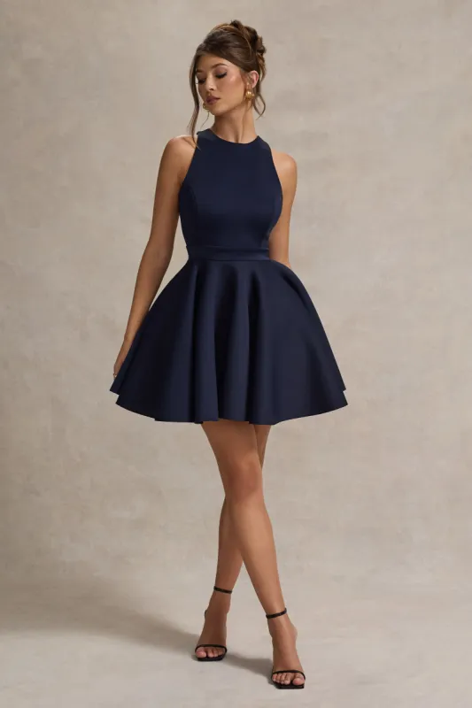Waverly | Navy Racer-Neck Sleeveless Skater Mini Dress sold by Club L London