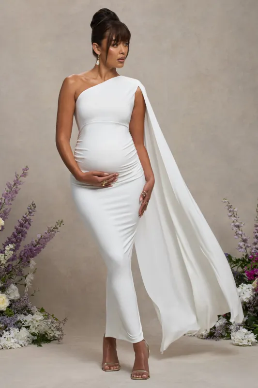 Amaryllis | White Maternity One Shoulder Maxi Dress with Cape Sleeve sold by Club L London