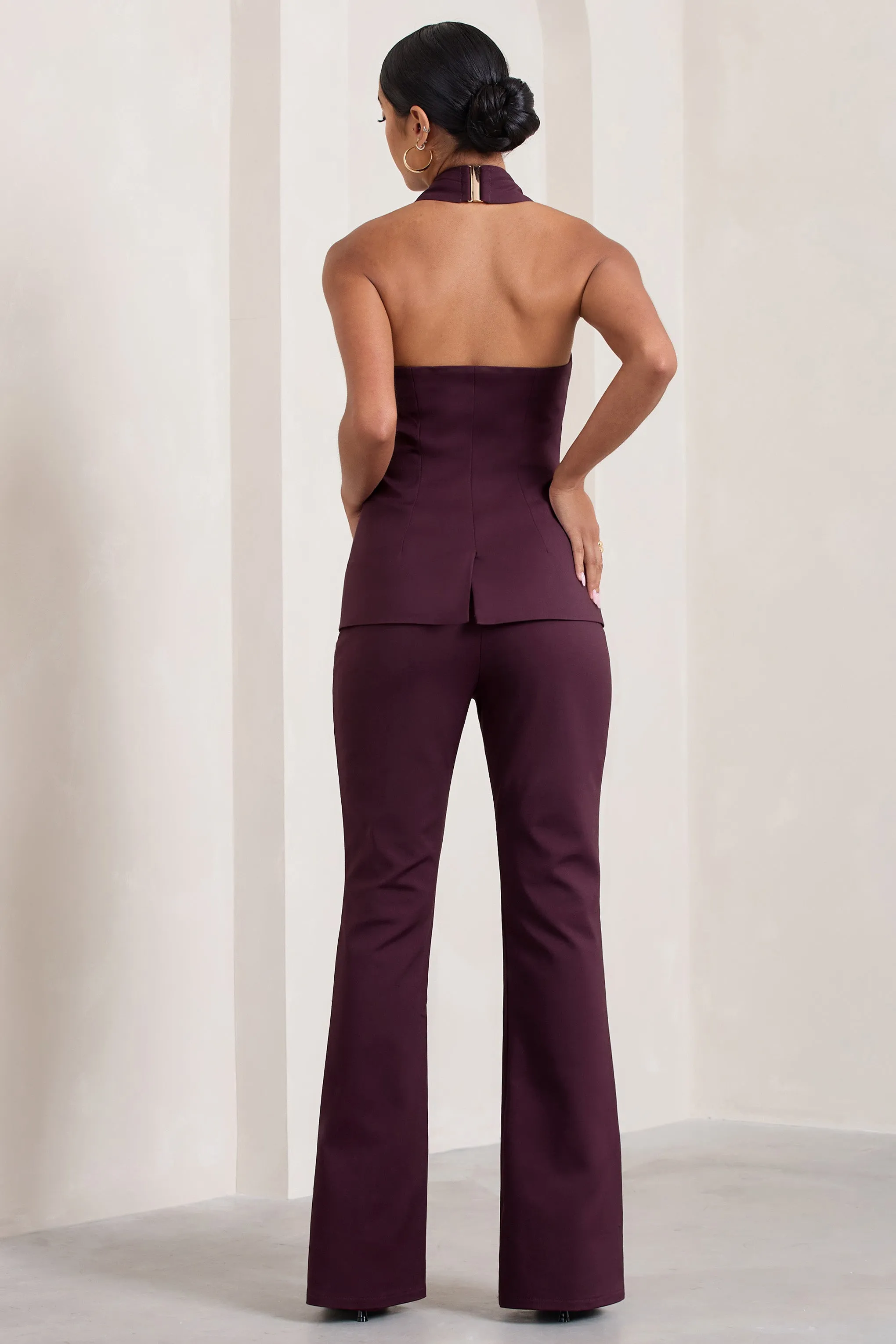 Kehlani | Burgundy High Waist Wide Leg Trousers sold by Club L London product image thumbnail 2