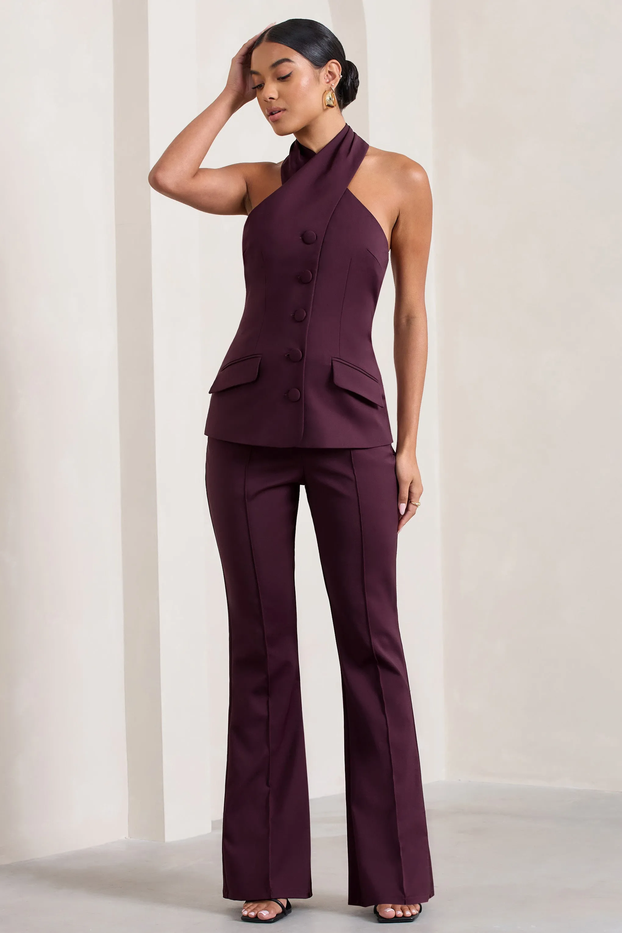 Kehlani | Burgundy High Waist Wide Leg Trousers sold by Club L London