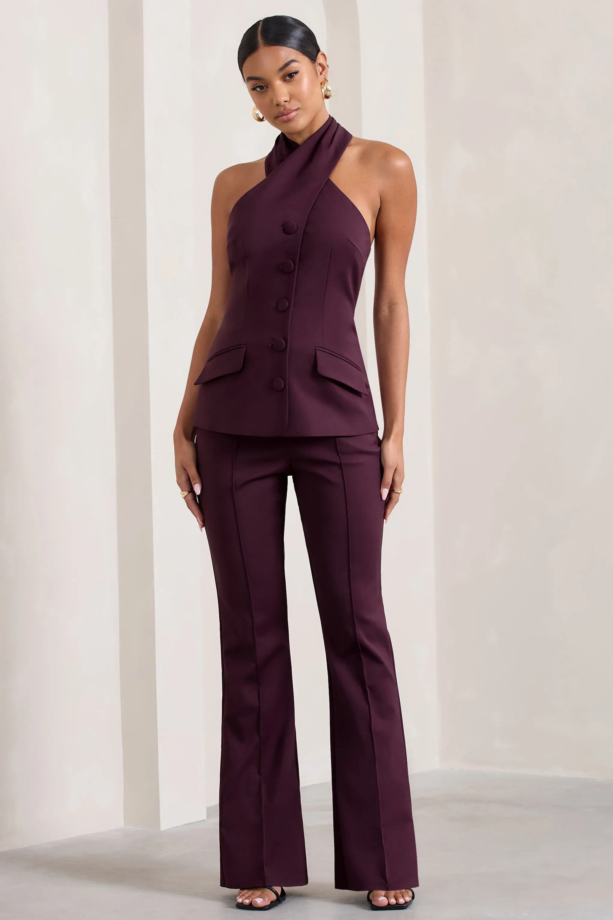 Kehlani | Burgundy High Waist Wide Leg Trousers sold by Club L London product image thumbnail 5