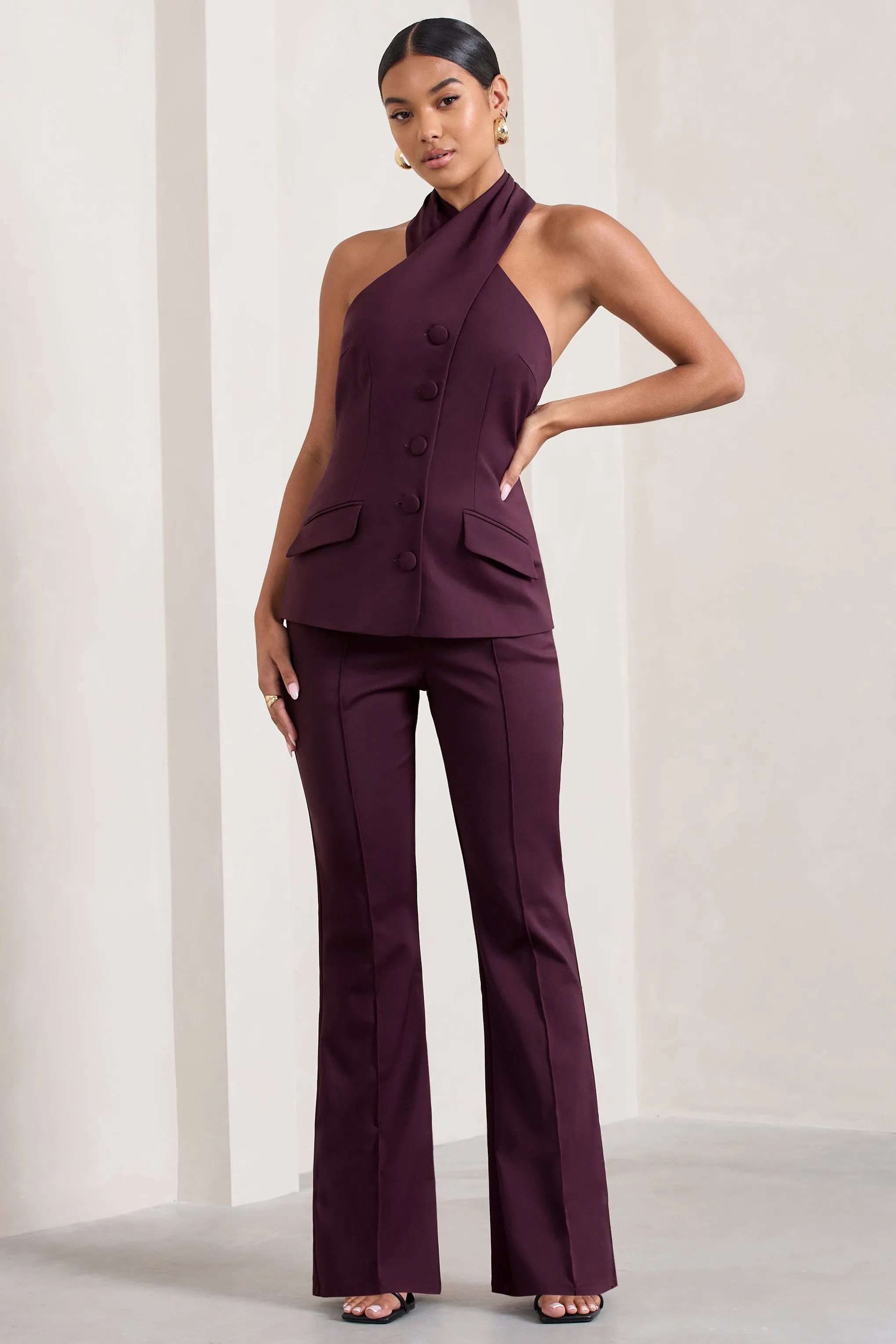 Kehlani | Burgundy High Waist Wide Leg Trousers sold by Club L London product image thumbnail 4