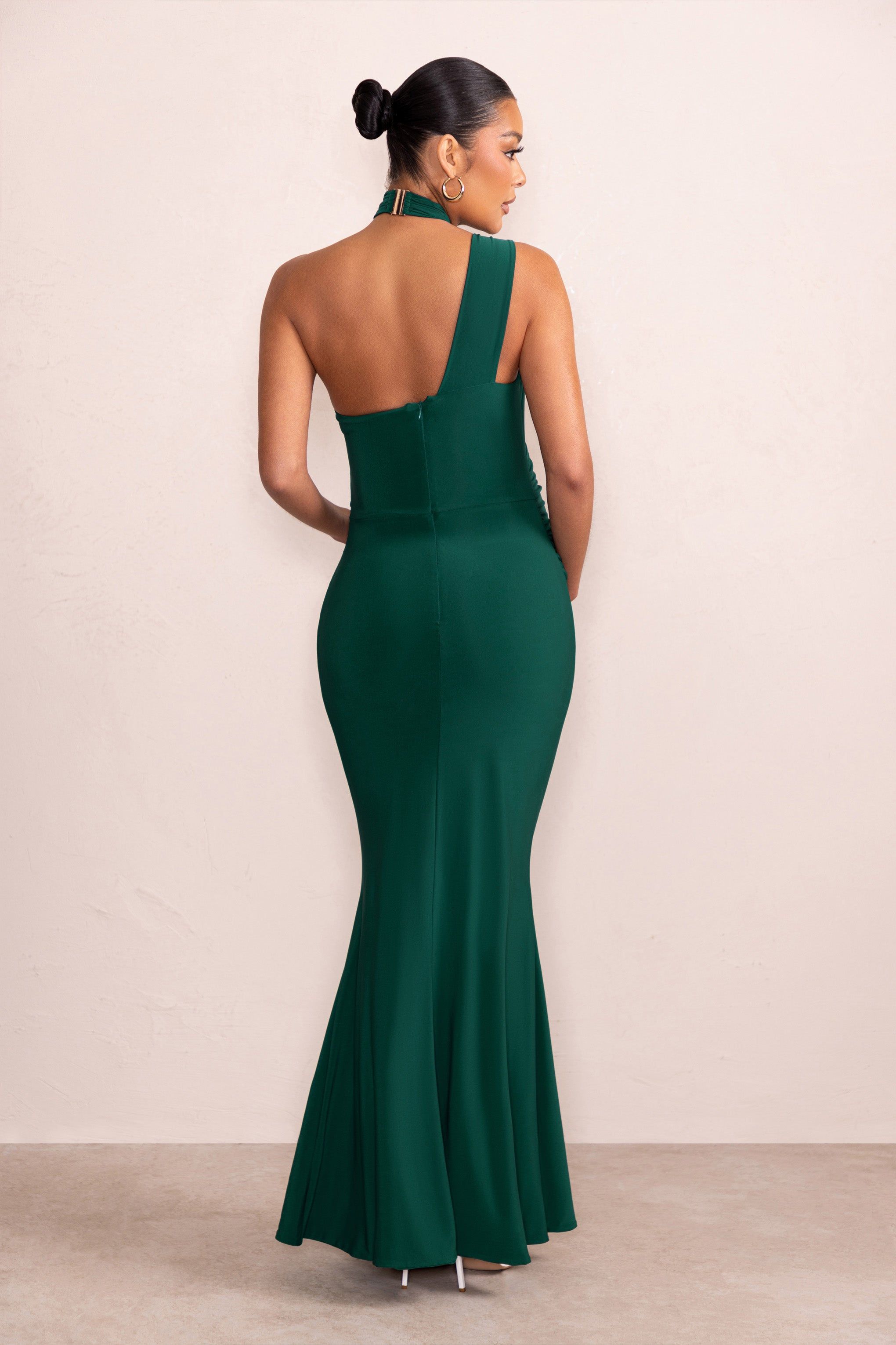 Alba | Bottle Green Maternity Halter Asymmetric Maxi Dress with Cut Out sold by Club L London product image thumbnail 2