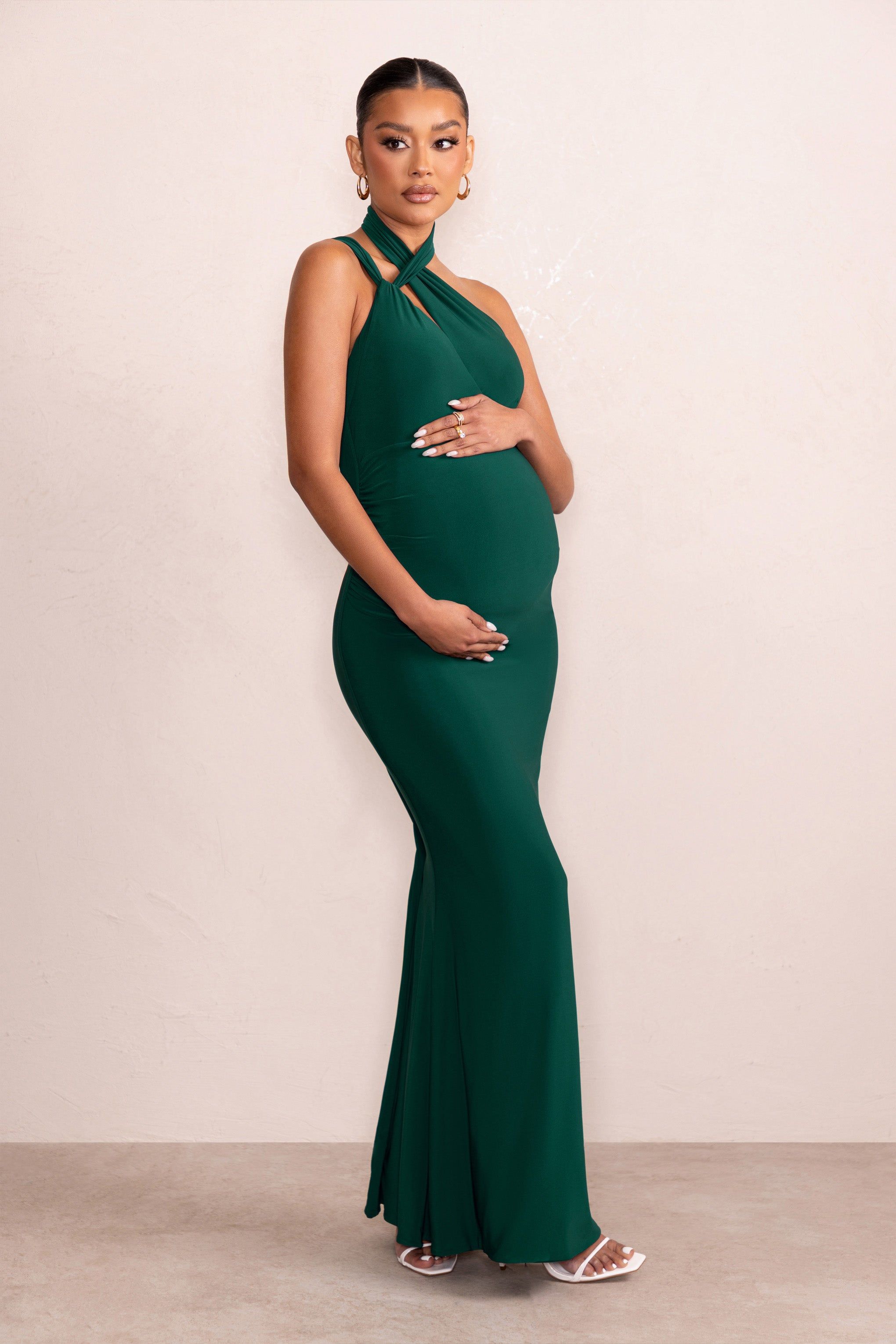 Alba | Bottle Green Maternity Halter Asymmetric Maxi Dress with Cut Out sold by Club L London product image thumbnail 4