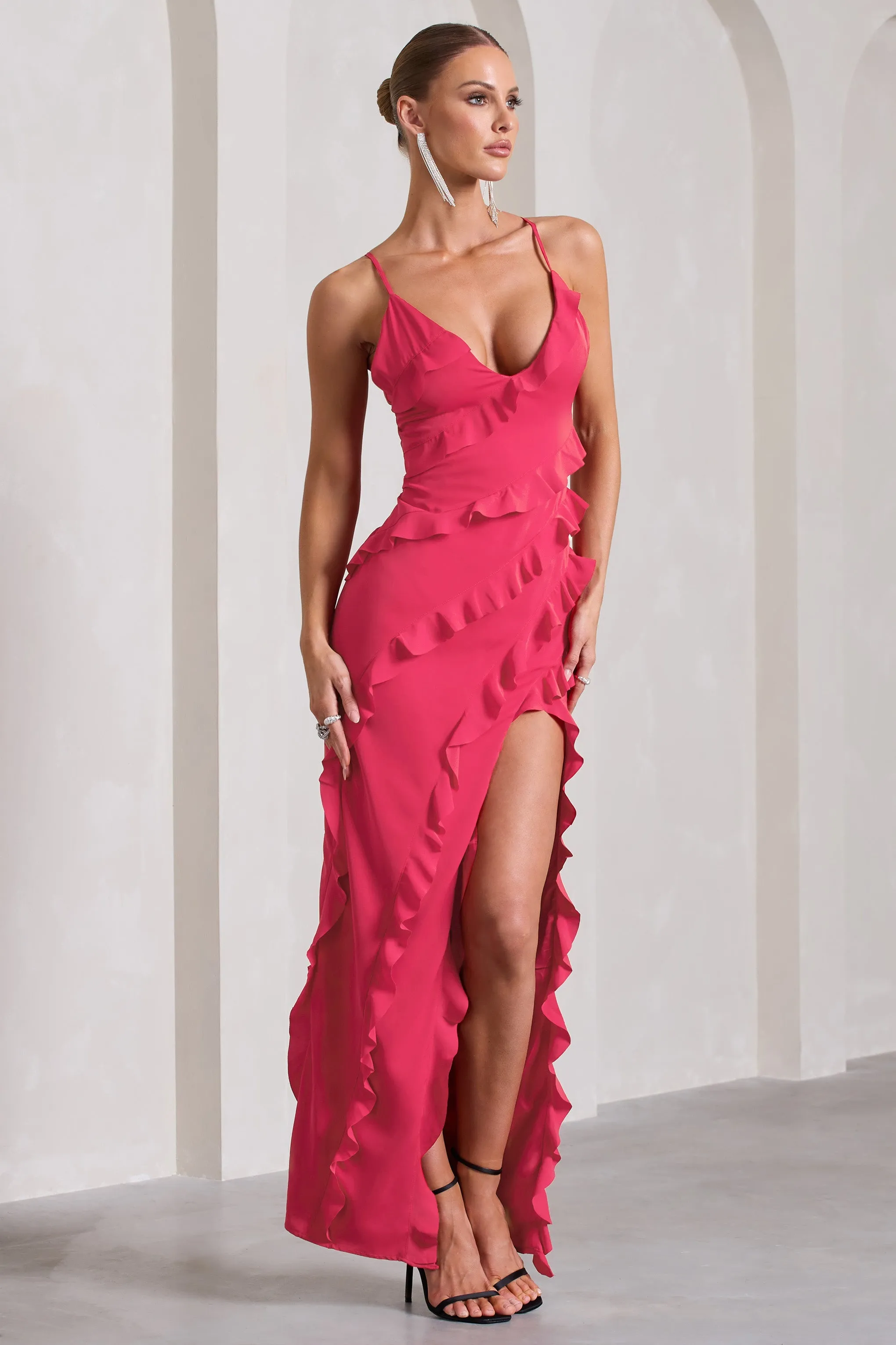 Run The World | Hot Pink Sweetheart Neckline Ruffle Maxi Dress sold by Club L London product image thumbnail 5