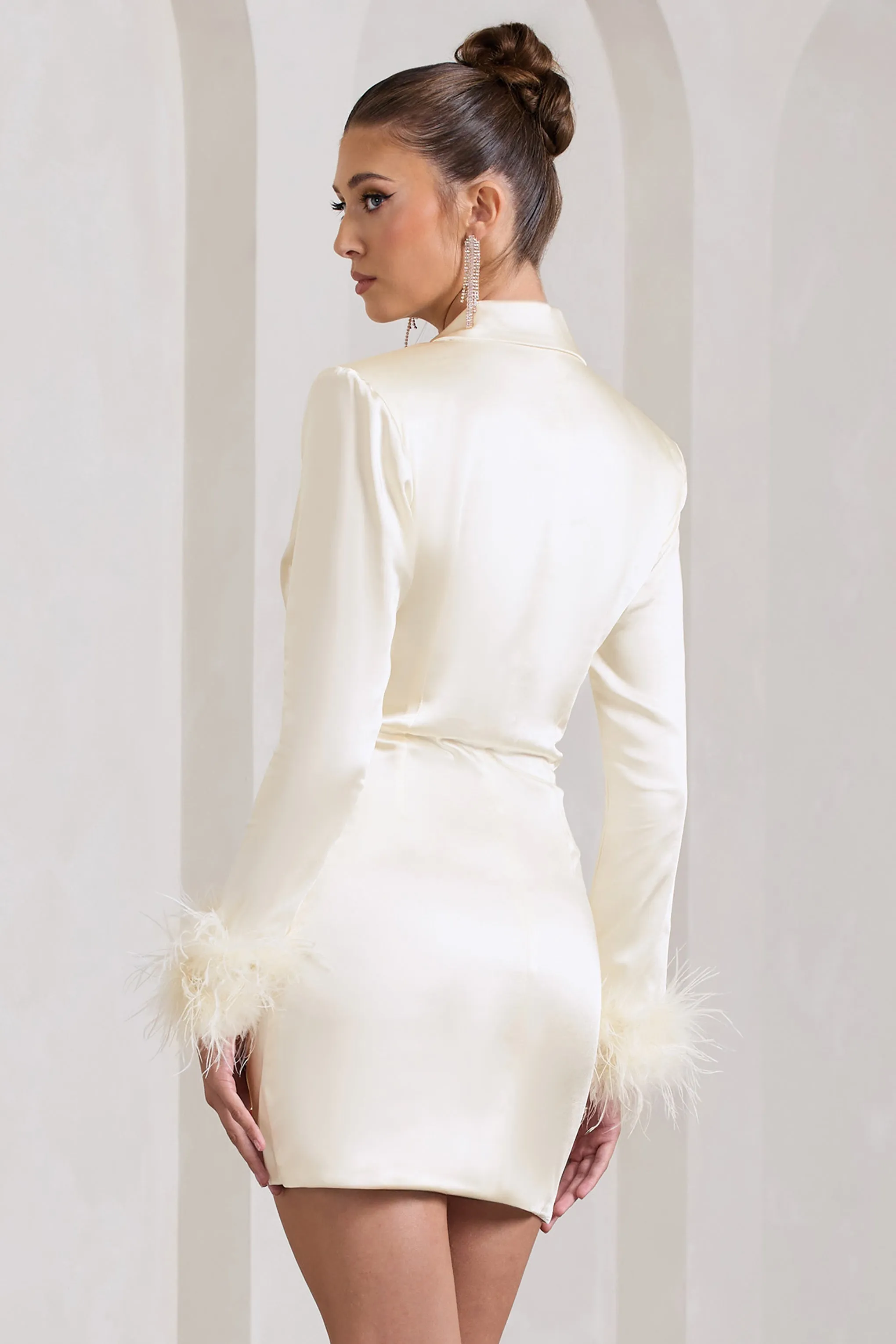 VIP | Ivory Satin Plunge Neck Blazer Mini Dress With Feather Cuff sold by Club L London product image thumbnail 2