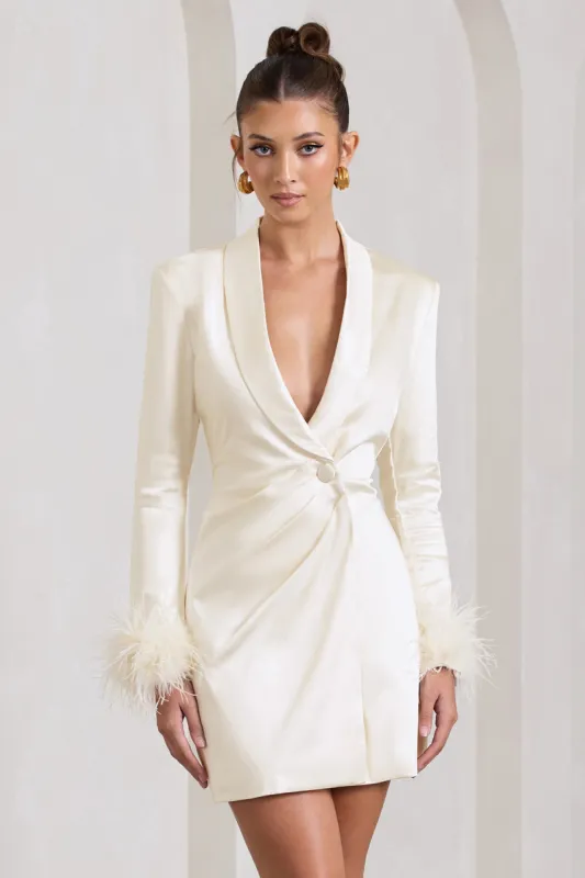 VIP | Ivory Satin Plunge Neck Blazer Mini Dress With Feather Cuff sold by Club L London