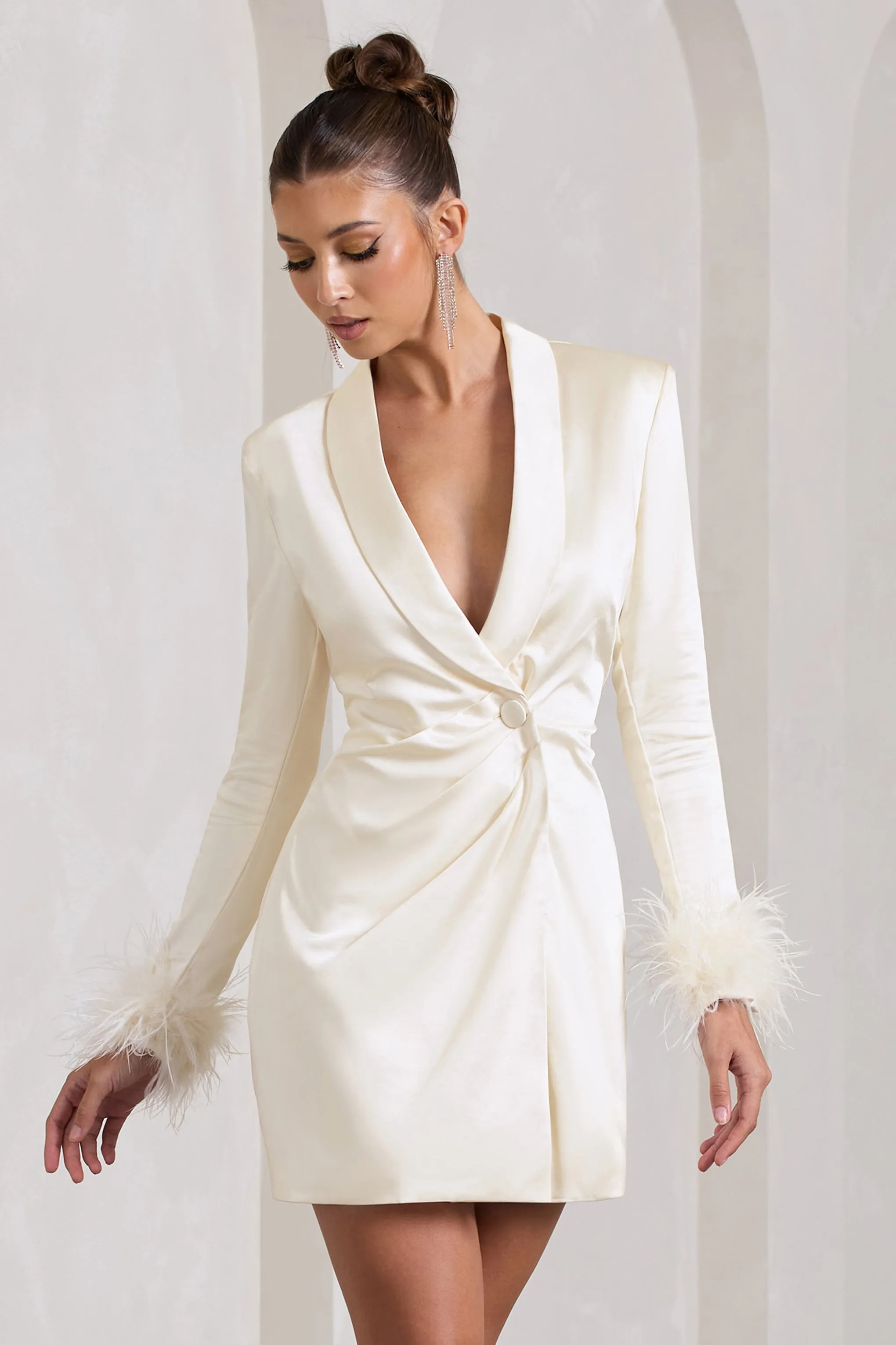 VIP | Ivory Satin Plunge Neck Blazer Mini Dress With Feather Cuff sold by Club L London product image thumbnail 3