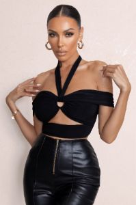 Good Vibes | Black Bardot Halter Neck Cut Out Crop Top sold by Club L London
