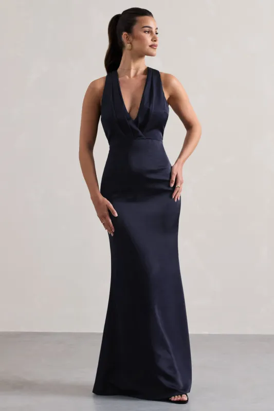 Tiffany | Navy Satin Plunge-Neck Maxi Dress sold by Club L London