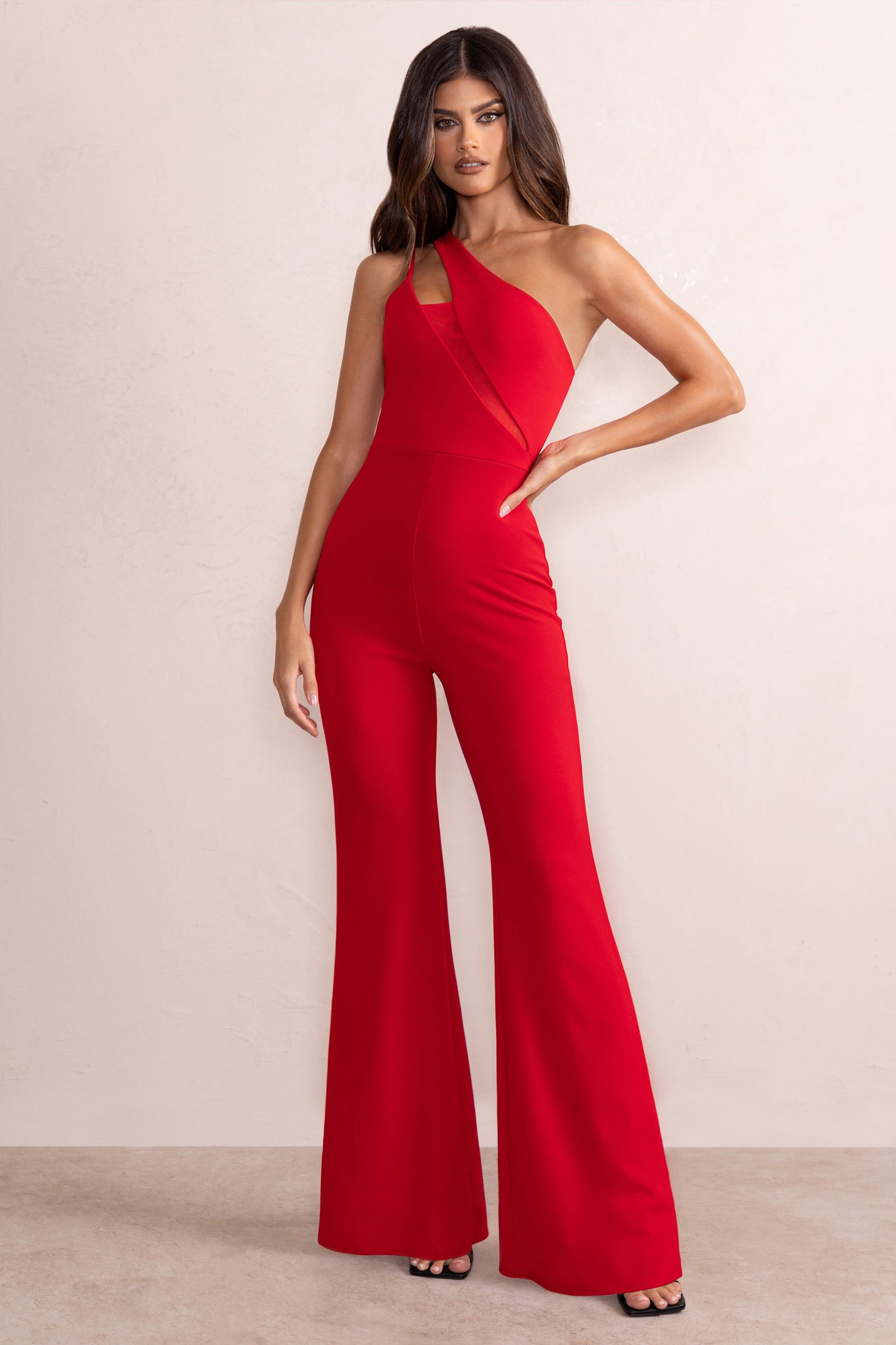Bold Confidence | Red One Shoulder Cut Out Flare Jumpsuit sold by Club L London