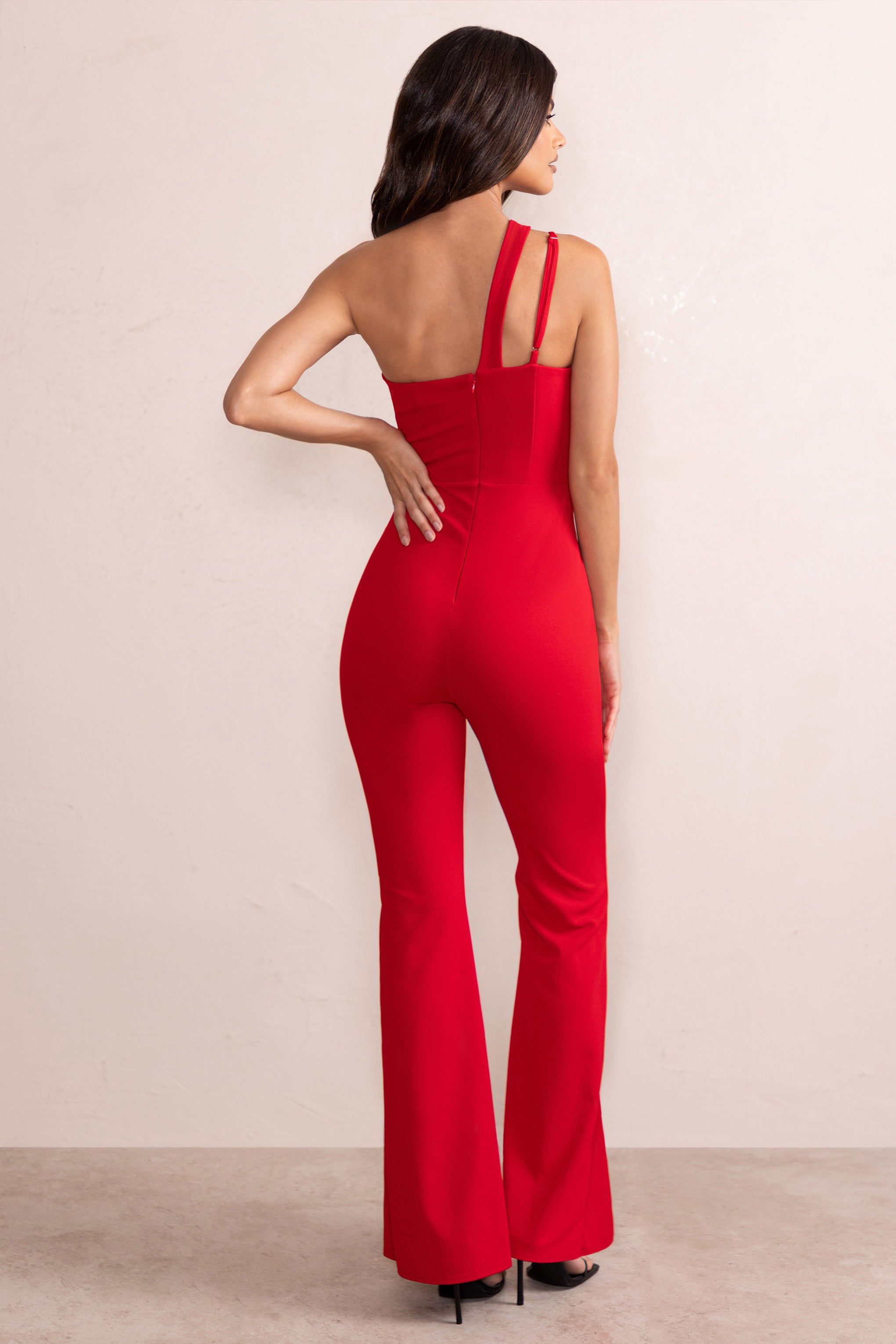 Bold Confidence | Red One Shoulder Cut Out Flare Jumpsuit sold by Club L London product image thumbnail 2