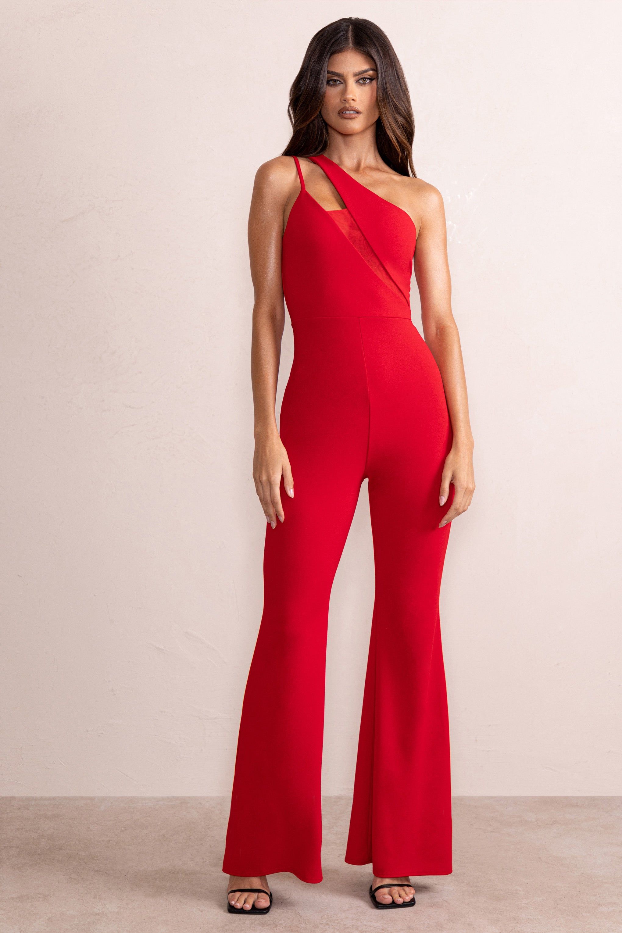 Bold Confidence | Red One Shoulder Cut Out Flare Jumpsuit sold by Club L London product image thumbnail 4