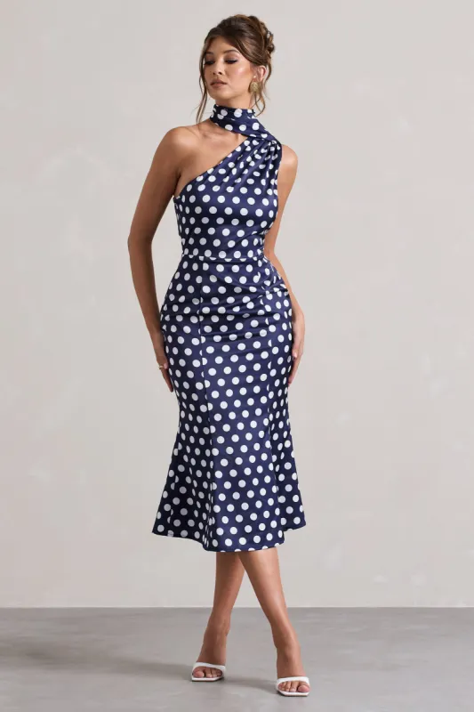 Golden Girl | Navy Polka Dot Asymmetric High-Neck Flared Midi Dress sold by Club L London