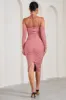 Pixie | Blush Pink Ruched Long-Sleeved Halter-Neck Maternity Midi Dress sold by Club L London