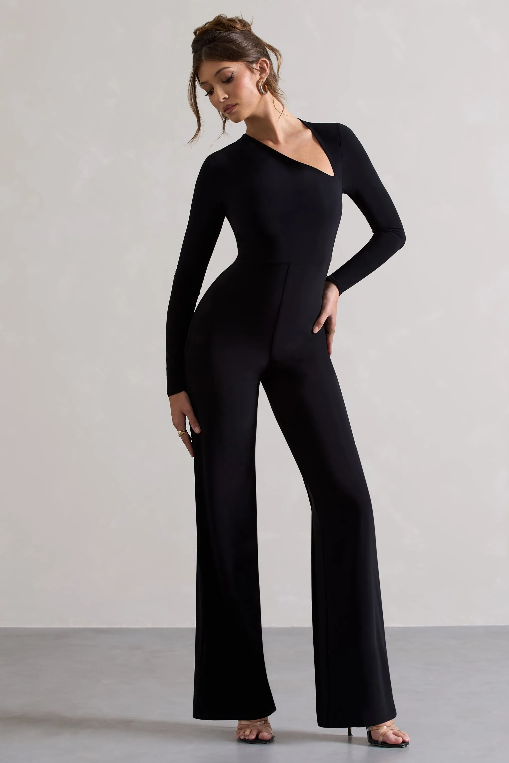 Yalina | Black Asymmetric Long Sleeve Wide-Leg Jumpsuit sold by Club L London product image thumbnail 5