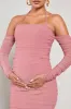 Pixie | Blush Pink Ruched Long-Sleeved Halter-Neck Maternity Midi Dress sold by Club L London