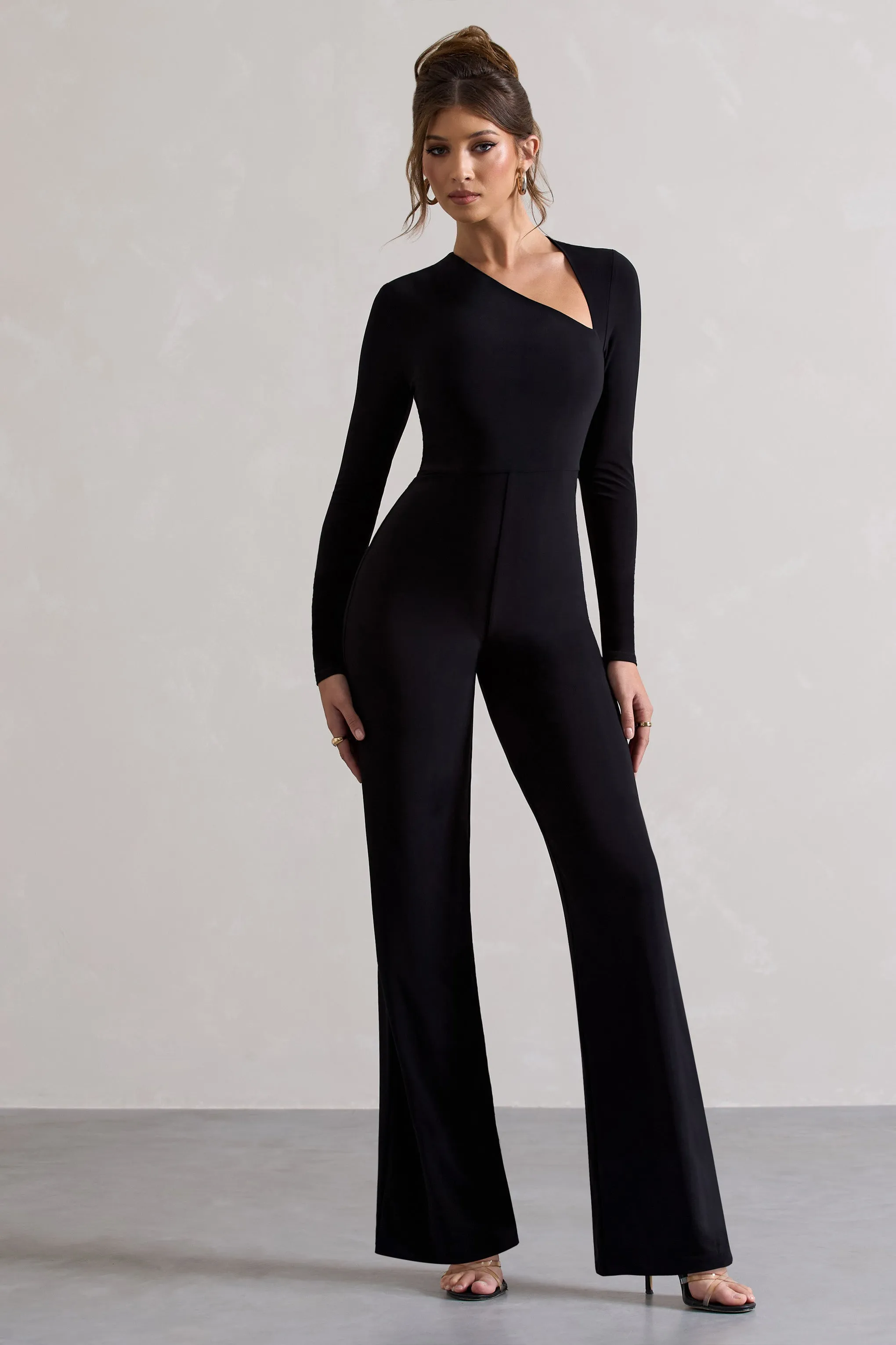 Yalina | Black Asymmetric Long Sleeve Wide-Leg Jumpsuit sold by Club L London