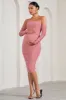 Pixie | Blush Pink Ruched Long-Sleeved Halter-Neck Maternity Midi Dress sold by Club L London