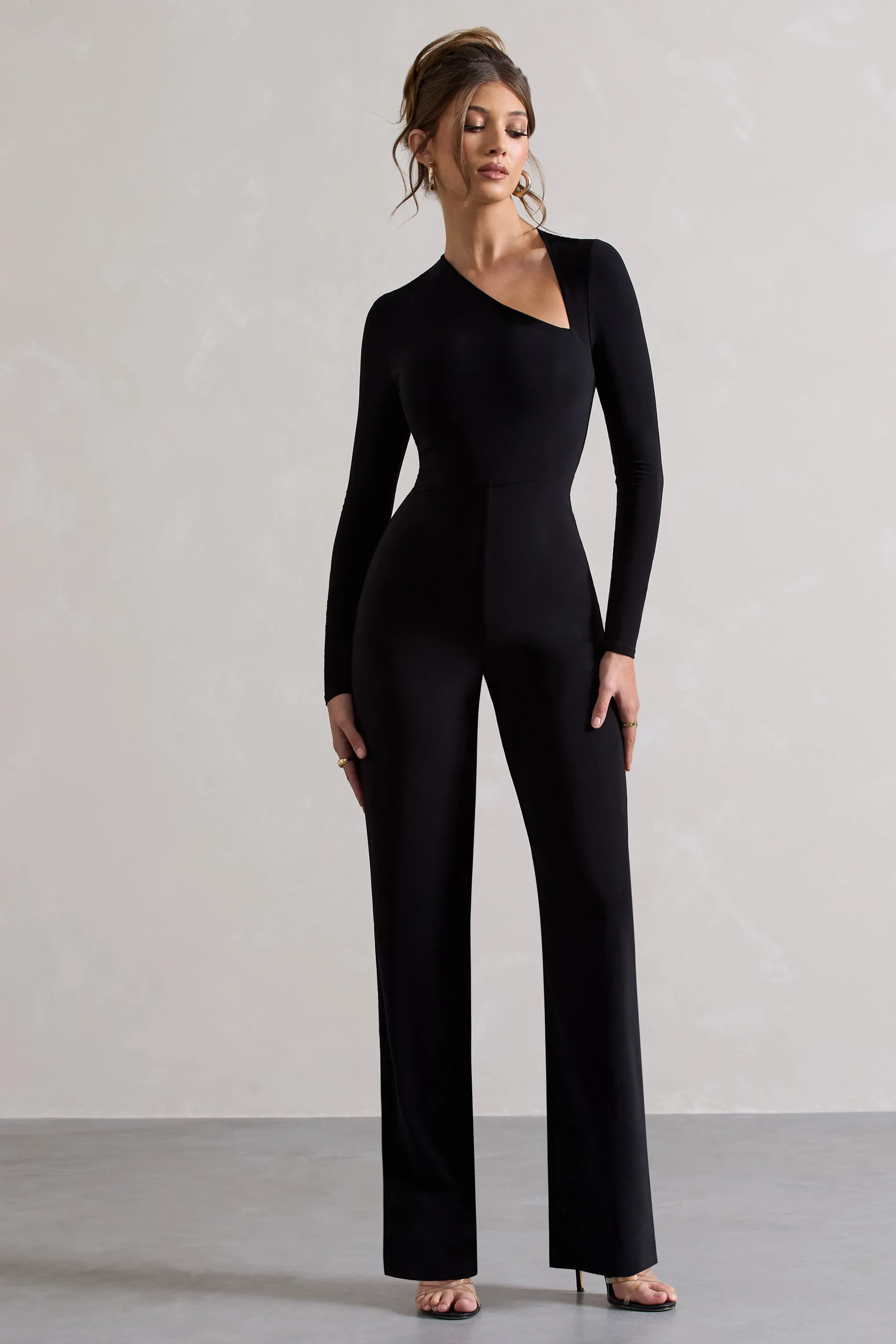 Yalina | Black Asymmetric Long Sleeve Wide-Leg Jumpsuit sold by Club L London product image thumbnail 4