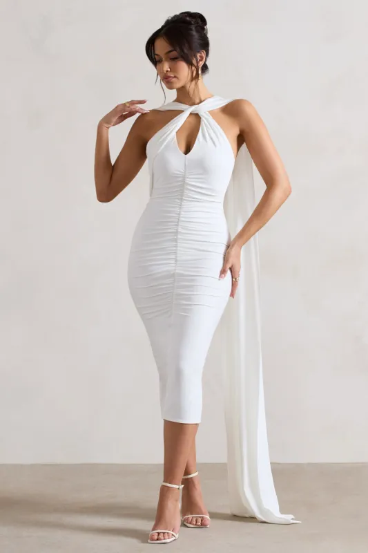 Freedom | White Strappy Asymmetric Cut-Out Midi Dress With Cape made by Club L London