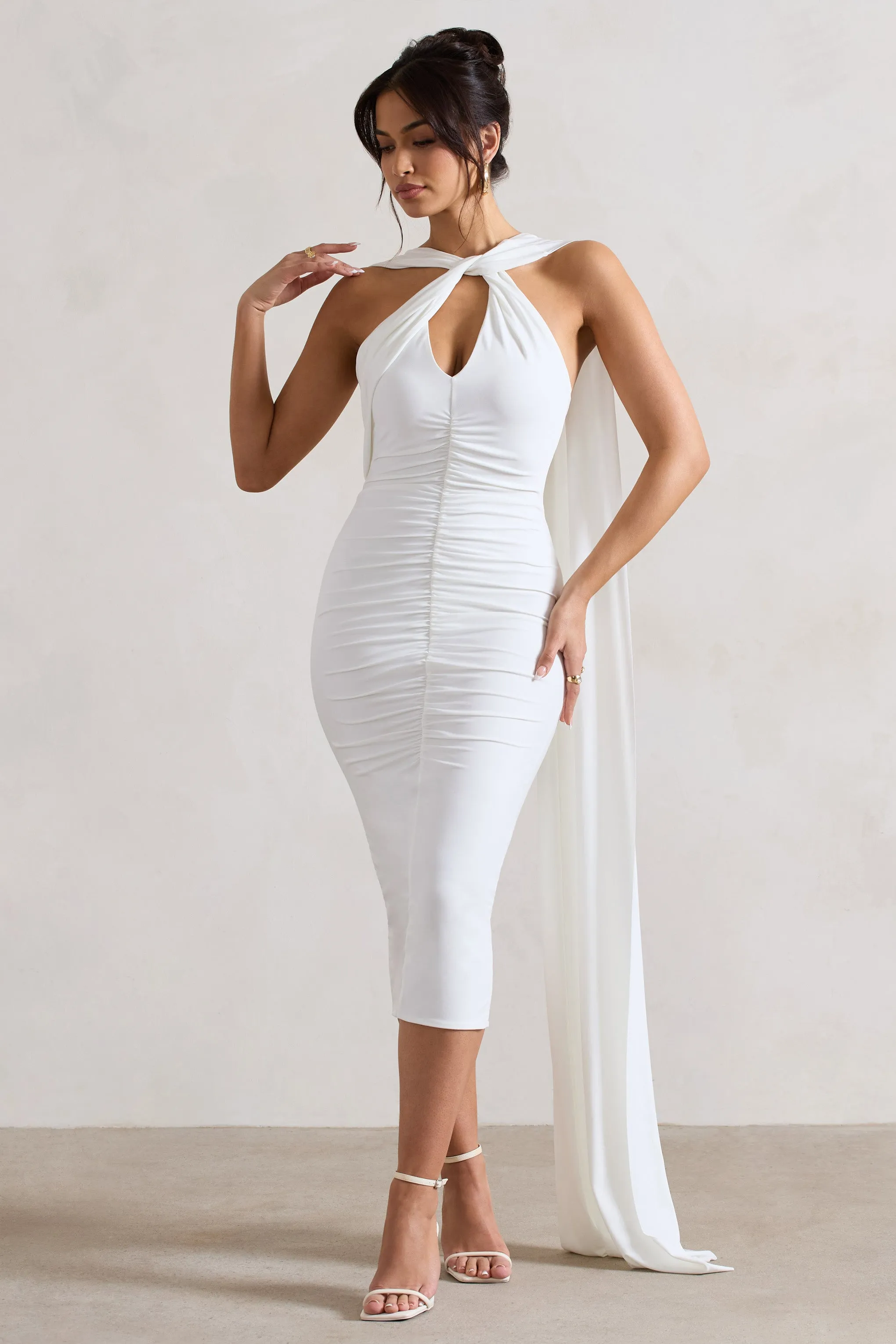 Freedom | White Strappy Asymmetric Cut-Out Midi Dress With Cape sold by Club L London