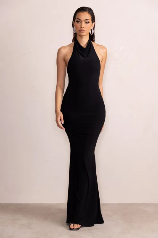 Safiya | Black Cowl Neck Low Back Twist Strap Detail Maxi Dress sold by Club L London