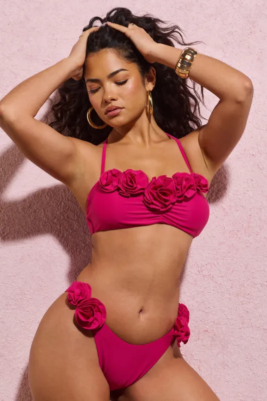 Rest | Dark Pink Ruched Halter-Neck Bikini Top With Corsages sold by Club L London