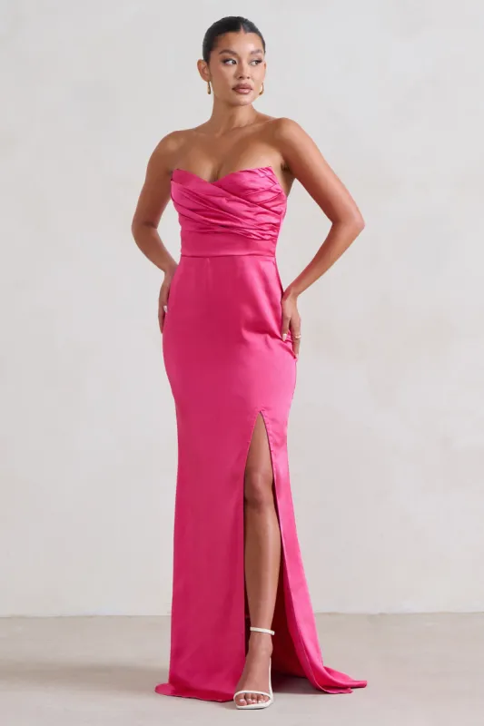 Coraline | Hot Pink Strapless Maxi Dress With Split sold by Club L London