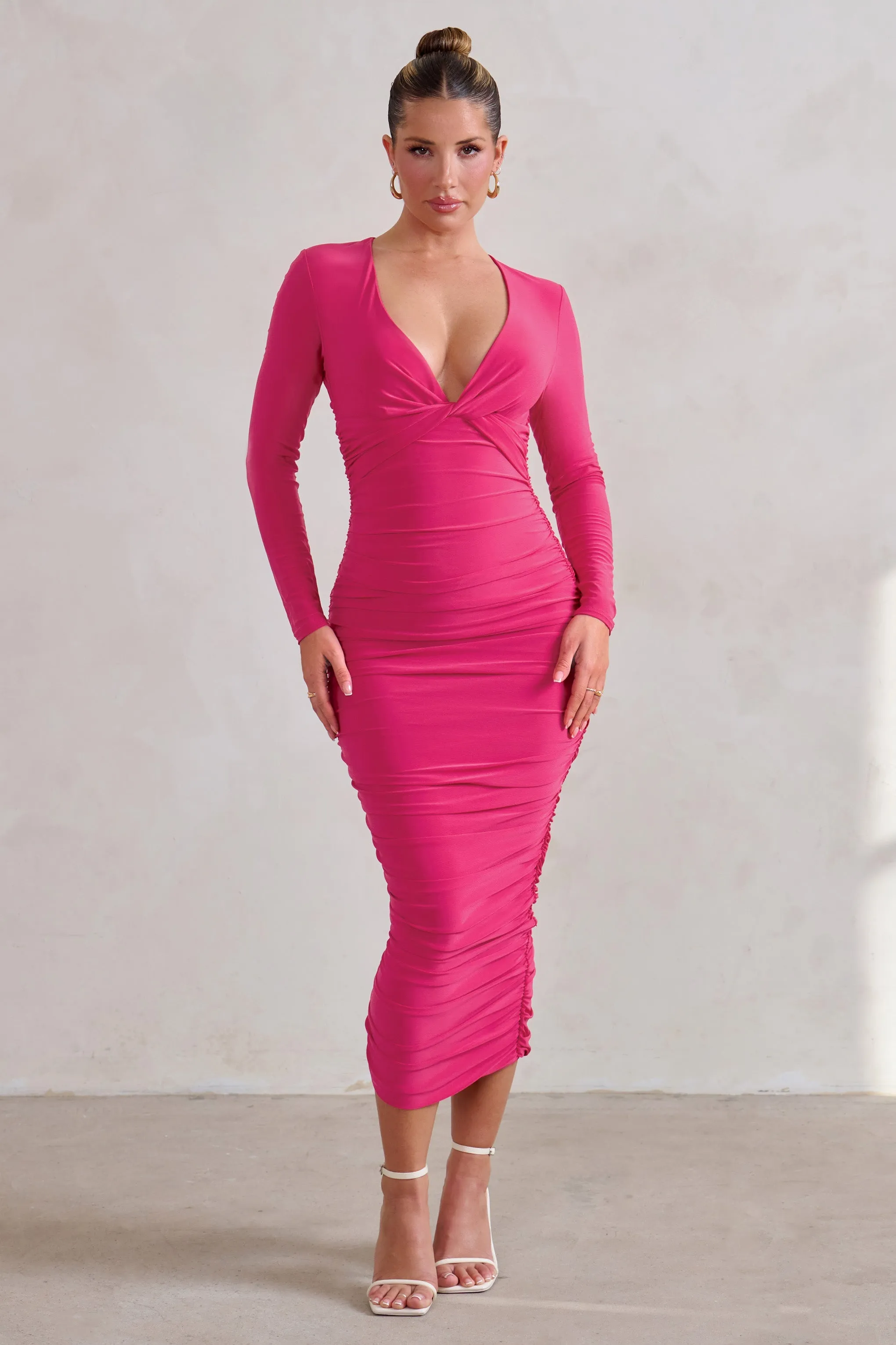 Renee | Hot Pink Plunge Twist Neckline Long Sleeve Ruched Midi Dress sold by Club L London