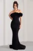 Idyll | Black Lace Bardot Feather Fishtail Maxi Dress sold by Club L London