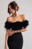 Idyll | Black Lace Bardot Feather Fishtail Maxi Dress sold by Club L London